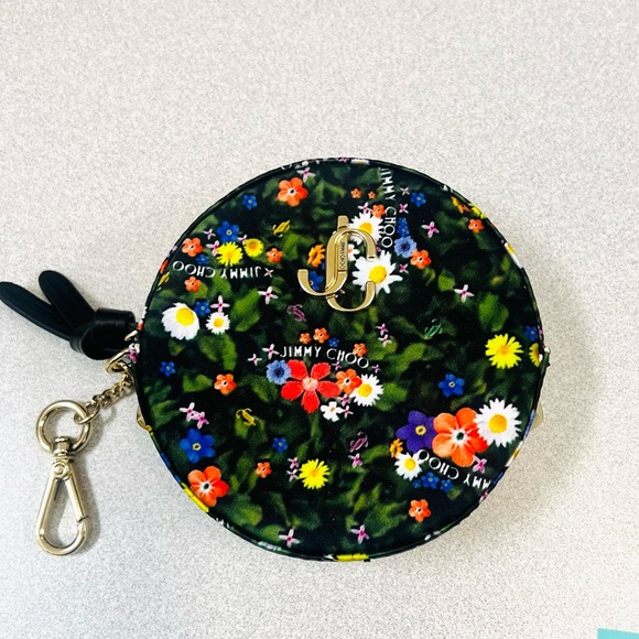 SALE!!! Jimmy Choo Satin silk floral logo coin pouch keychain wallet NEW